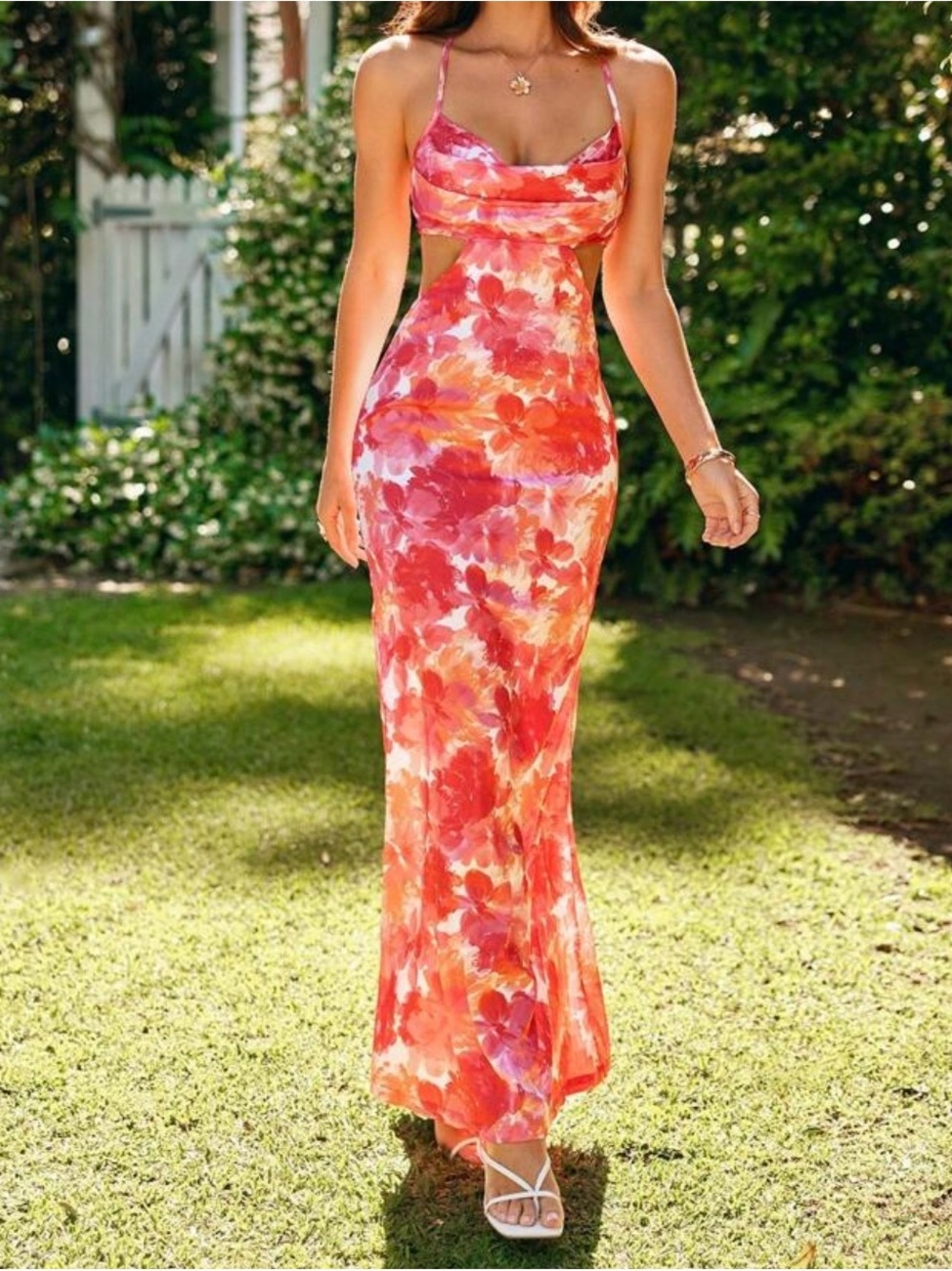 Floral Red-Orange Cutout Maxi Dress